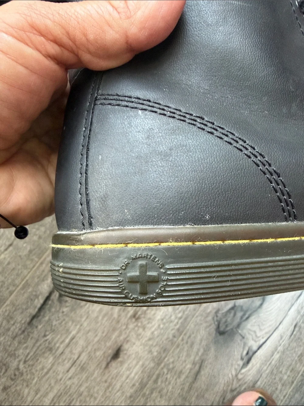 Dr. Martens Black Leather Lace-Up Combat Boots with Yellow Stitching